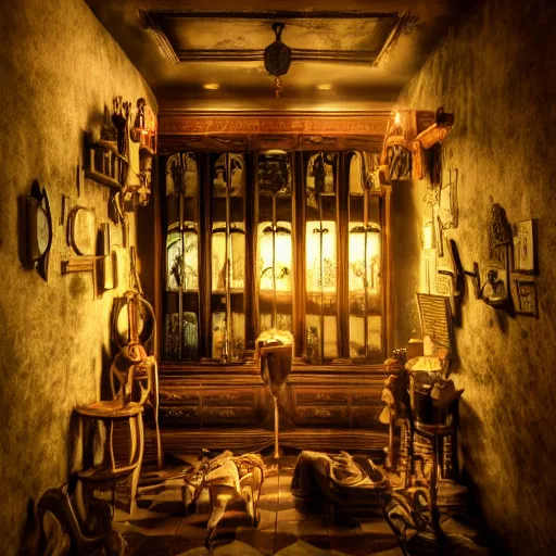 Image similar to cabinet of oddities and curiosities, esoteric, hd award cinematic photography, dramatic lighting