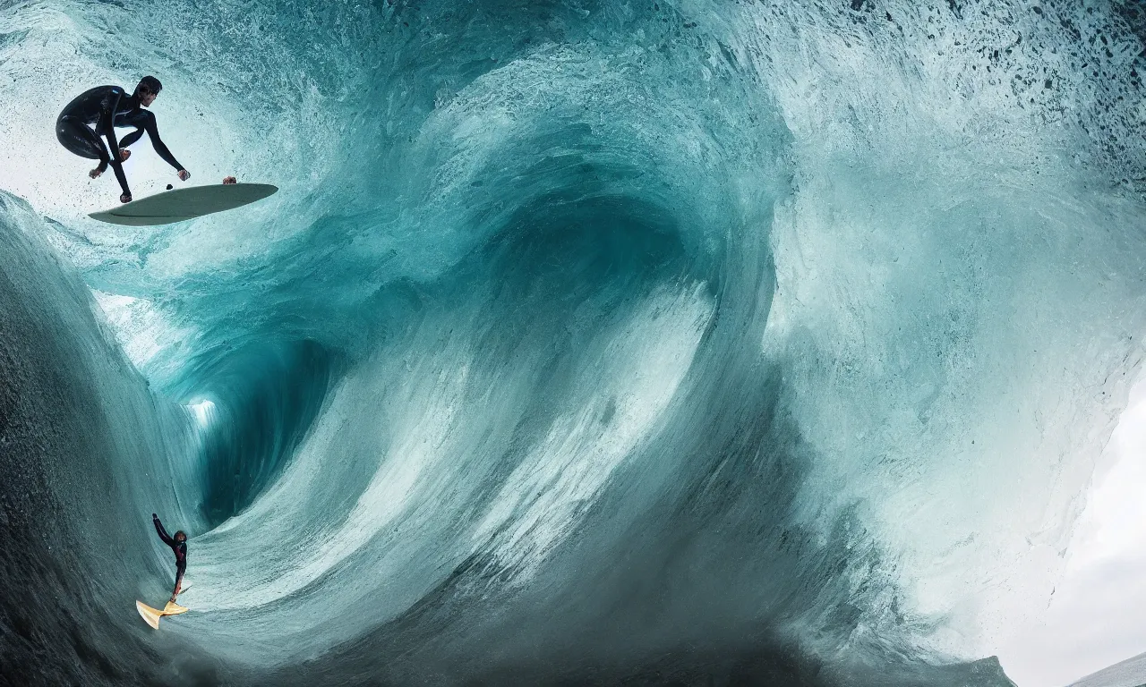 Prompt: a skeleton surfing a big wave inside the tunnel, by Jessica Rossier, above and below underwater, slow motion, refractions, summer