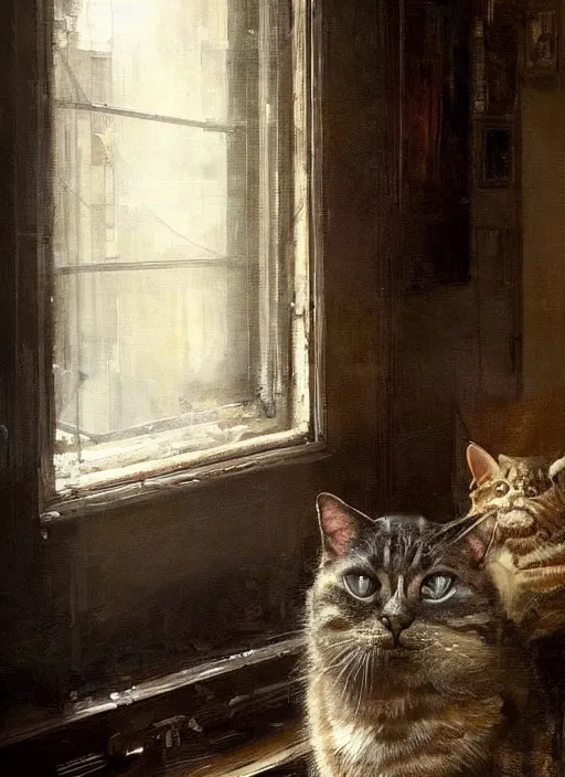 Image similar to a portrait of a cat inside a modern apartment, intricate oil painting, hyperdetailed, ethereal, cinematic, dramatic lighting, by jeremy mann and julius adam ii