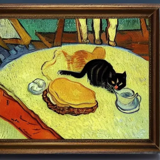 Image similar to cats making pancakes, oil painting, by vincent van gogh