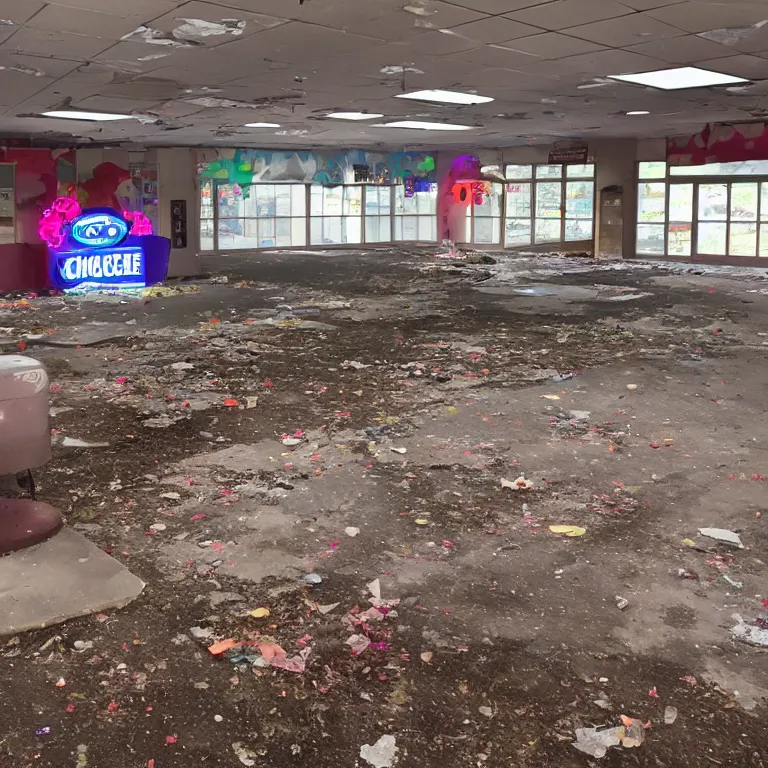 Prompt: photograph of abandoned Chuck E Cheese, atmospheric lighting