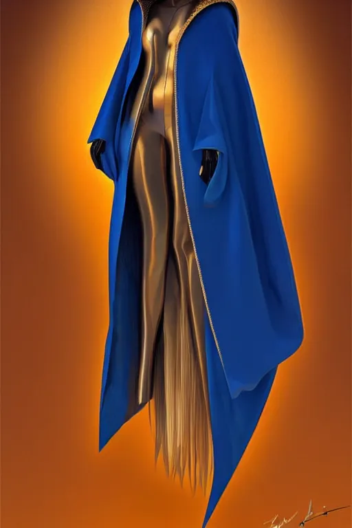 Image similar to detailed beautiful hooded noun in opened blue gold coat, seductive confident pose, attractive feminine curves, intricate details, futuristic, elegant cape, elegant, photorealism, trending on artstation, holy halo, advanced technology, art by moebius and vitaly bulgarov and chanthara