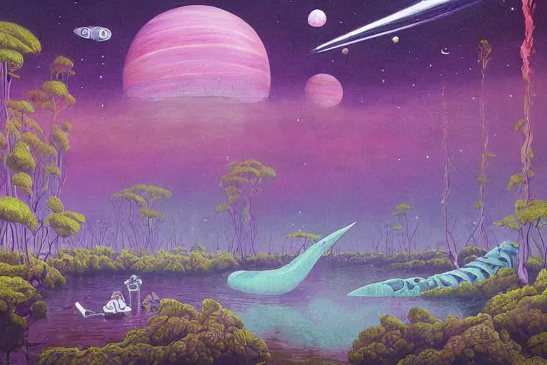 Prompt: surreal painting by chesley bonestelll!!, twelve an astronaut sitting near a river + psychedelic vegetation + purple, pink, blue + planets and stars + mystic fog, 5 0's vintage sci - fi style, rule of third!!!!, line art, 8 k, super detailed, high quality