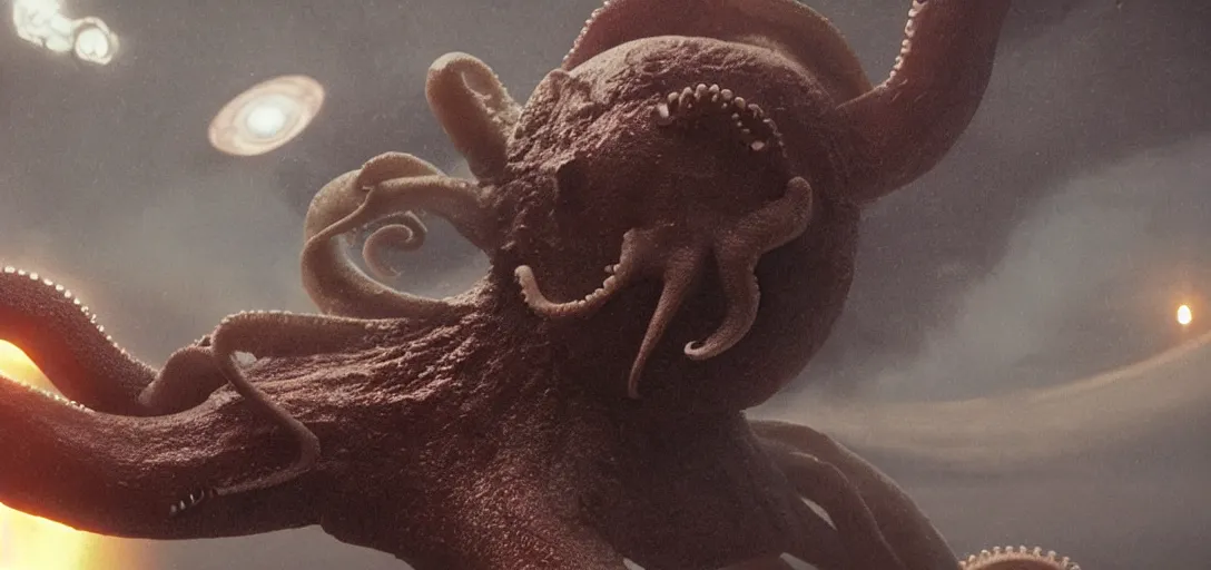 Prompt: an octopus in the shape of an astronaut, foggy, cinematic shot, photo still from movie by denis villeneuve, wayne barlowe