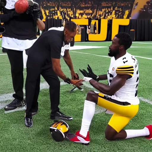 Prompt: antonio brown receiving therapy from professional real life, 8 k, 4 k uhd, realistic, hyper realistic, super detailed, very detailed, detailed