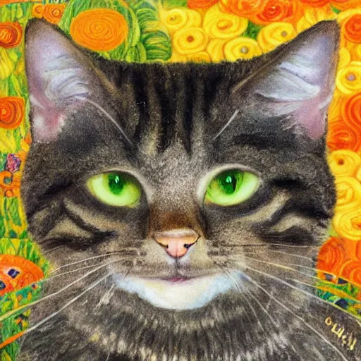 Image similar to portrait of a very fluffy dark tabby cat with green eyes, starlight, full body, smiling cat, golden colors, flowers, canned cat food, intricate, elegant, highly detailed, smooth, sharp focus, illustration, art by gustav klimt