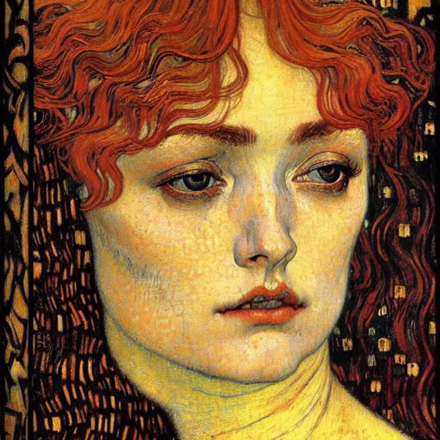 Image similar to detailed realistic beautiful young medieval queen face portrait by jean delville, gustav klimt and vincent van gogh, art nouveau, symbolist, visionary, gothic, pre - raphaelite, muted earthy colors, desaturated, neutrals