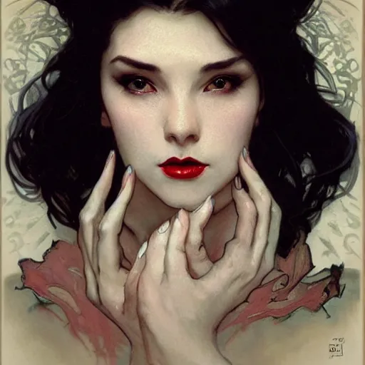 Prompt: portrait of a very beautiful vampire by Stanley Artgerm Lau , greg rutkowski, thomas kindkade, alphonse mucha, loish, norman rockwell, J. C. Leyendecker. dark black hair, pale skin, detailed eyes, red lips, smiling, looking straight. Trending on artstation rule of thirds detailed ink painting hd 4k