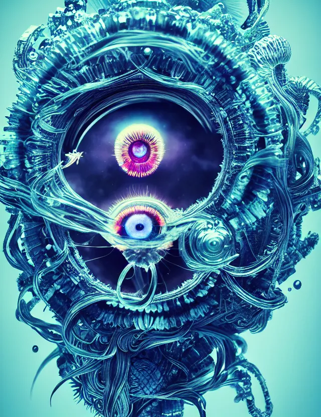 Prompt: eye of god macro close - up portrait with mask made of ram skull. betta fish, jellyfish phoenix, plasma, ice, water, wind, creature, super intricate ornaments artwork by tooth wu and wlop and beeple and greg rutkowski