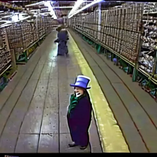 Prompt: grainy security cam footage still of Willy Wonka in his Chocolate Factory, extreme wide angle