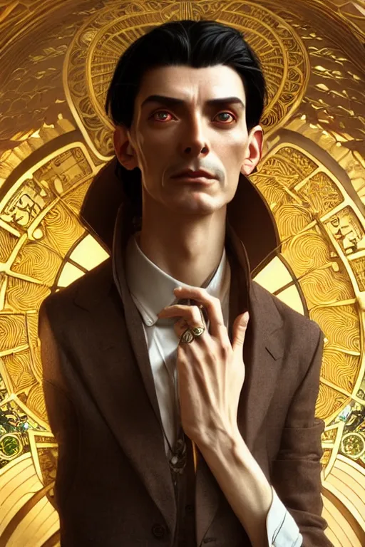 Image similar to ultra realistic, thin man in nice modern clothes, black hair, brown eyes, occult jewelry, fantasy, intricate details, eerie, highly detailed, octane render, 8 k, art by artgerm and alphonse mucha and greg rutkowski