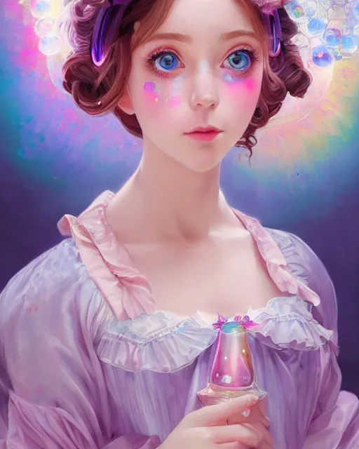 Image similar to portrait of magical lolita girl, dreamy and ethereal, expressive pose, big blue eyes, exciting expression, fantasy, intricate, elegant, many rainbow bubbles, rose tones, highly detailed, digital painting, artstation, concept art, cyberpunk wearing, smooth, sharp focus, illustration, art by artgerm and greg rutkowskiand alphonse mucha