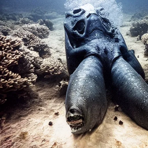 Image similar to horror movie still about a giant underwater sea creature, dark, scary