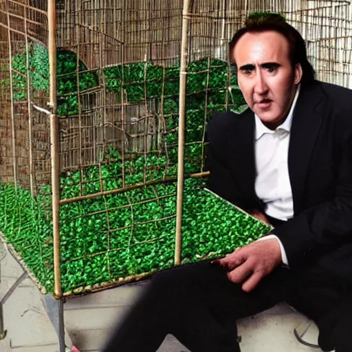 Image similar to nicolas cage trapped in a wicker cage with peas on his face, dying