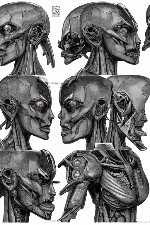 Image similar to arcee transfomers with gunmetal grey skin, medical anatomy, very symmetrical face, highly detailed, mecha, three - perspective / three - view reference sheet ( front / back / side ), in the style of dan ouellette, hr giger, sil from species, dren from splice, biomechanical, artstation, unreal engine