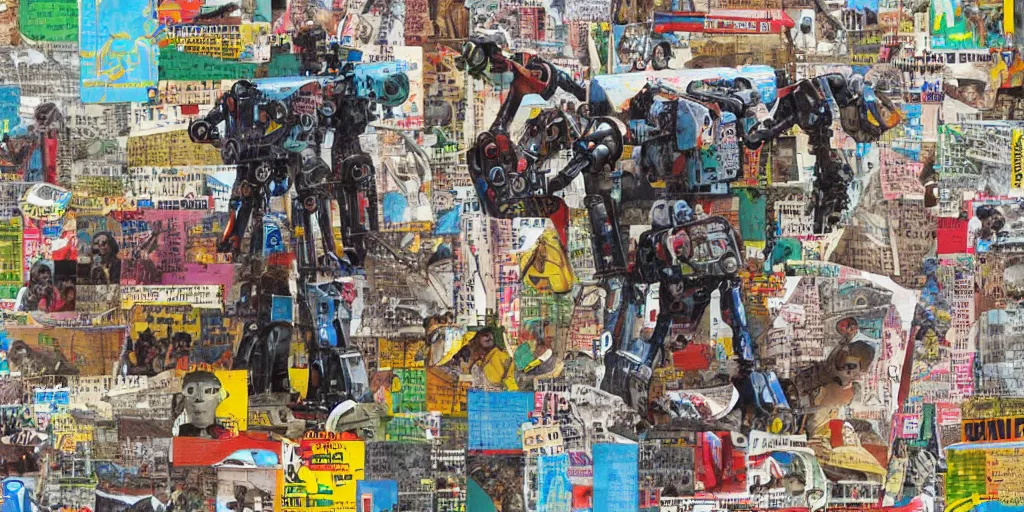 Prompt: colourful giant mecha ROBOT of AJEGUNLE SLUMS of Lagos, writings and markings on robot, magazine collage,