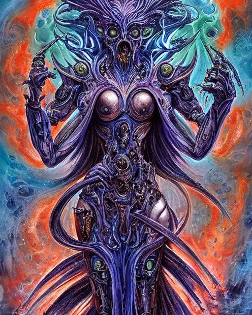 Image similar to silver mechanical charred bloody fleshmetal cyborg daemonhost woman psychedelic flamer of tzeentch with extra arms, blue and green rainbow fire, by antonio j. manzanedo, alex grey, android jones, philippe druillet, raymond swanland, cyril rolando, josephine wall, harumi hironaka, cronenburg, trending on artstation