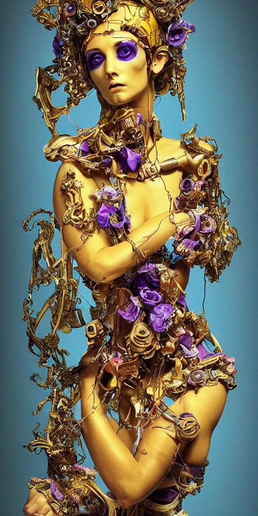 Prompt: a young beautiful Spanish metal android with a large glowing yellow lit crystal in the center of her chest, full-body bronze cyberpunk style statue of Venus with glowing purple eyes, crown of mechanical peach roses, flowing teal-colored silk, fabric, steampunk flowers. baroque elements, human skull. full-length view. baroque element. intricate artwork by caravaggio. many flying horses on background. Trending on artstation, octane render, cinematic lighting from the right, hyper realism, octane render, 8k, depth of field, 3D