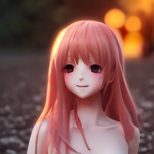 Image similar to Render of a cute 3d anime girl, long pink hair, full bangs, hazel eyes, cute freckles, soft smile, golden hour, beach setting, medium shot, mid-shot, trending on Artstation, Unreal Engine 4k