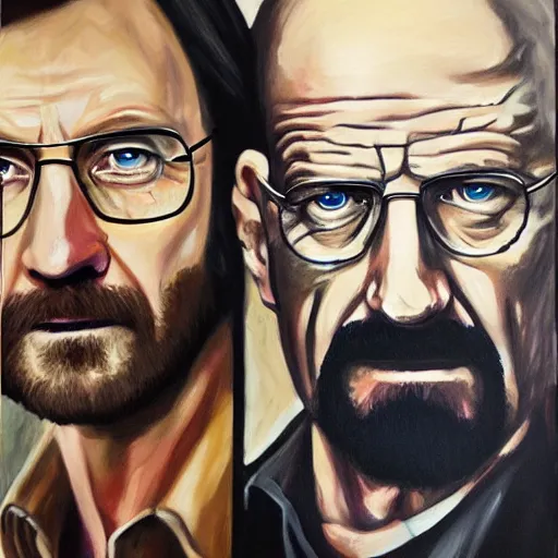 Prompt: walter white face to face with rick grimes, oil painting