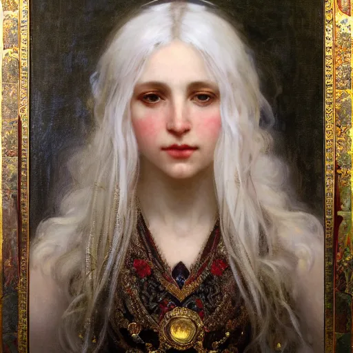 Image similar to a highly detailed beautiful white haired woman, adorned with precious stones and thin gold tendrils, by jeremy mann, by alphonse mucha, by william - adolphe bouguereau, 4 k resolution, trending on artstation, very very detailed, masterpiece, stunning, intricate,