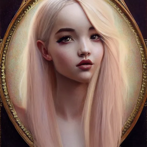 Image similar to tom bagshaw, very beautiful genetic mix of dove cameron madison beer bella poarch in a prietress dress, randomly lustrous colored hair, professionally retouched, focus eyes, ultra realistic soft painting, insanely detailed linework, symmetrical accurate intricate features, behance artstation, 8 k