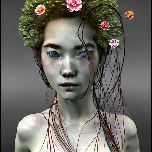 Image similar to prompt: Fragile looking vessel portrait face drawn by Katsuhiro Otomo, beautiful girl in lake with shining face octane 3d render super detailed, nymph in the water performing alchemy, small flowers and cables and wire around and on the side with artifacts and ancient book, intricate oil painting, high detail, Neo-expressionism, gnarly details