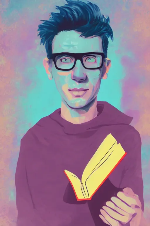 Prompt: digital painting of a magic nerdy guy reading a book in a cluttered messy bedroom, vaporwave, vaporwave colors, perfect face, detailed face, symmetrical face, fantasy, scifi, sci fi,