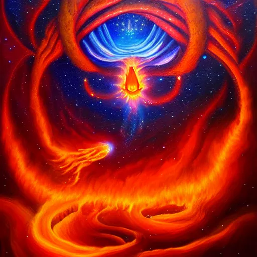 Prompt: great fiery anger, galactic nebular astral realm sacred journey in oil painting, trending on artstation, award winning, emotional, highly detailed surrealist art