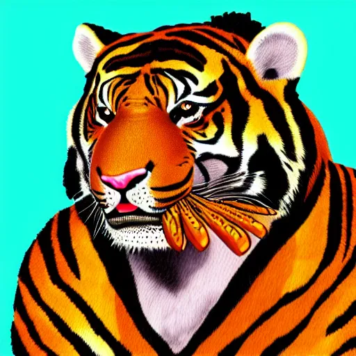 Prompt: scientific wearing a tiger mask, 80s miami, digital art