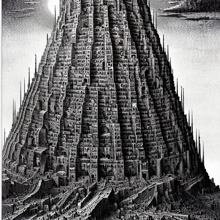 Image similar to the tower of babel. extremely high details, perfect face, black and white, masterpiece, magnum opus engraving by gustave dore, jean giraud, philippe druillet