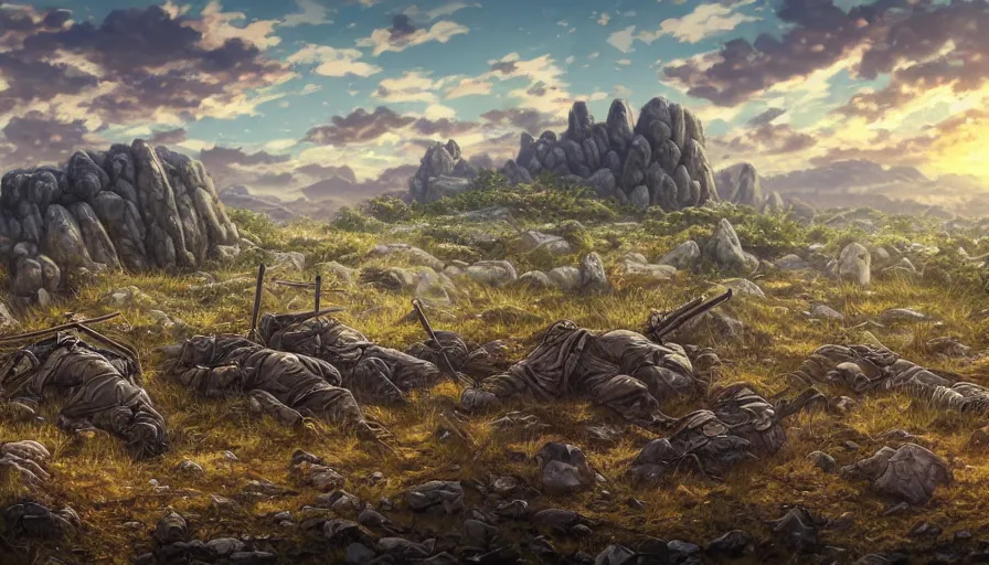 Image similar to the beautiful, chilling, panoramic view of dead calvary soldiers on a field and rocks at dusk with a giant wall in the background. hyperrealistic anime background illustration by kim jung ki, colorful, extremely detailed intricate linework, smooth, super sharp focus, bright colors, high contrast, matte, octopath traveler, unreal engine 5 highly rendered, global illumination, radiant light