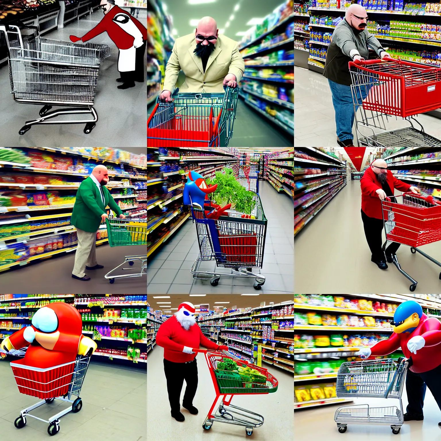Prompt: dr. robotnik pushing a shopping cart at a supermarket, photograph