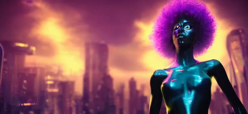 Image similar to portrait of a beautiful black woman with afro hair and glowing purple eyes, cyberpunk rio de janeiro background, digital art, trending on artstation, global illumination, backlit, purple and blue