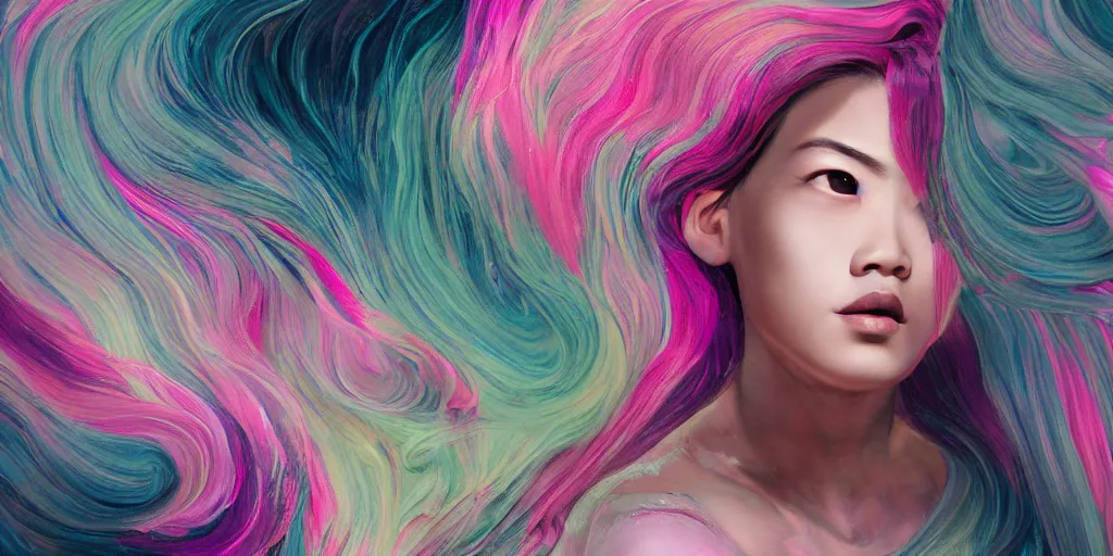 Prompt: a portrait of a very beautiful young asian goddess with pink and grey hair radiating an artwork made of swirling paint and impasto, sleepy eyes by wlop and botticelli, background is multicoloured volumetric displacement, hyperrealism, subsurface scattering, arnold render, noise to volume, 8 k, houdini, xparticles