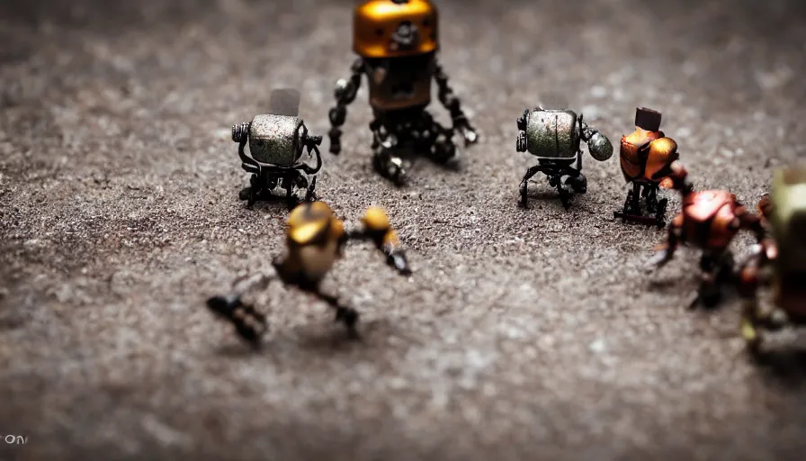 Image similar to miniture figurines of the rusty robots on an old metal table, HD 8K, depth of field, fstop 1.2, bokeh, dynamic lighting, 50mm lens