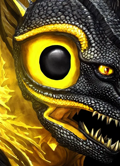 Image similar to closeup portrait of black dragon head with yellow eyes, ultra realistic, fantasy, magic, dnd,