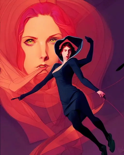 Prompt: Joshua Middleton comic art, artgerm, Mandy Jurgens art, cinematics lighting, beautiful Anna Kendrick supervillain, green dress with a black hood, angry, symmetrical face, Symmetrical eyes, full body, flying in the air over city, night time, red mood in background