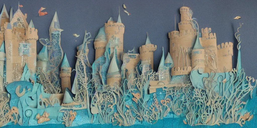 Prompt: underwater fairytale castle paper art