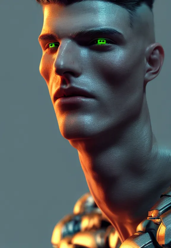 Image similar to ultra realist intricate detailed painting of a single attractive male ( ( cyborg ) ), slight neon tech, model pose, art by vitaly bulgarov and nivanh chanthara, hyperrealistic, soft lighting, octane render