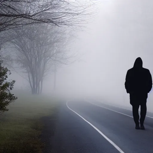 Image similar to mist, there\'s a shadowy figure on the road it has red glowing eyes