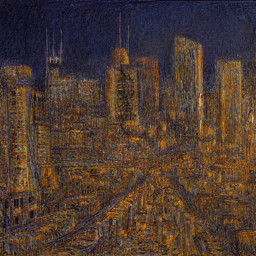 Prompt: Sculpture. A beautiful, but eerie, illustration of a cityscape at night. The buildings are all tall and thin, and they are lit up by a strange light. The sky is deep and dark and there are no stars to be seen. by James Ensor, by Jerry Siegel Sigma 85mm f/1.4