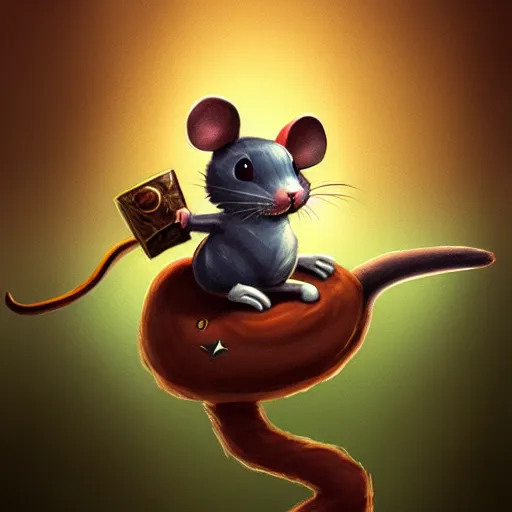 Image similar to a heroic mouse, riding on the back of a cat, illustration, trending on artstation