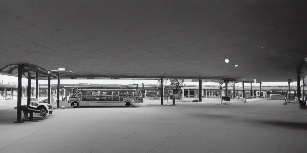 Prompt: port byron travel plaze bus station, leica, 2 4 mm lens, cinematic screenshot from the 2 0 0 1 surrealist film directed by charlie kaufman, kodak color film stock, f / 2 2, 2 4 mm wide angle anamorphic