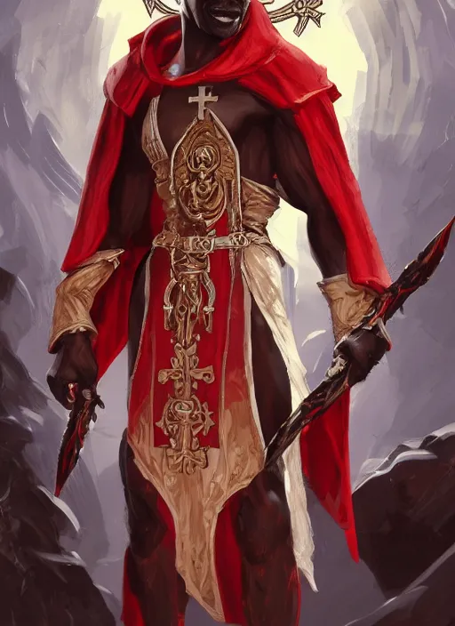 Prompt: a highly detailed illustration of african priest with short white hair, wearing cross on robe, wielding red blades made of blood, evil standing smiling pose, gothic church background, muscular, intricate, elegant, highly detailed, centered, digital painting, artstation, concept art, smooth, sharp focus, league of legends concept art, WLOP