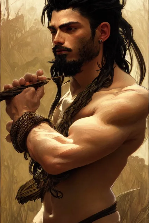 Image similar to painted portrait of gon freecs, hunter hunter, hunterpedia, madonna, black hair, masculine, mature, handsome, upper body, muscular, fantasy, intricate, elegant, highly detailed, digital painting, artstation, concept art, smooth, sharp focus, illustration, art by gaston bussiere and alphonse mucha