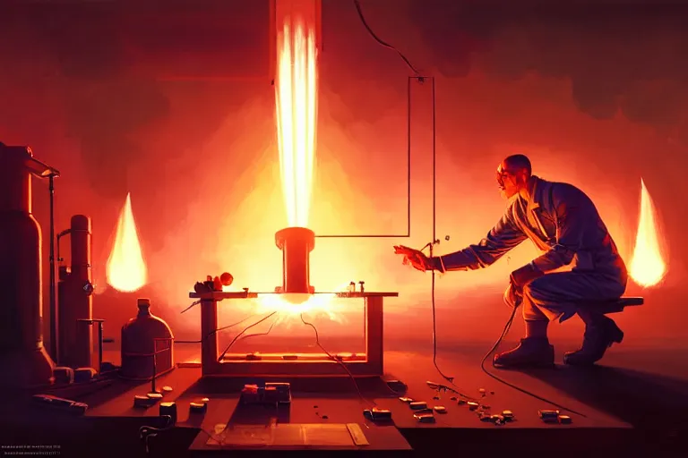 Prompt: symmetry!! scientist performing a explosive experiment by artgerm greg rutkowski and andreas rocha, cinematic lighting, highly detailed, warm colours, 8 k