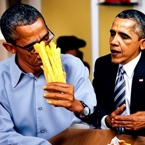 Prompt: photo of obama as Gustavo fring making french fries