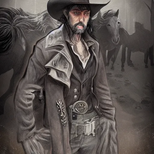 Prompt: Nicholas, the cowboy in the weird west, long dark hair, facial hair, long coat, grey horse, riding in the town of Doom, demons waiting in the background, dark fantasy, digital art, high detailed, pinterest