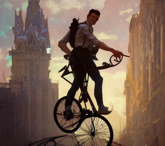 Image similar to Ben Shapiro riding a unicycle, sigma male, accurately portrayed, portrait art by alphonse mucha and greg rutkowski, highly detailed, digital painting, concept art, illustration, dim lighting with twilight rays of sunlight, trending on artstation, very detailed, smooth, sharp focus, octane render, close up